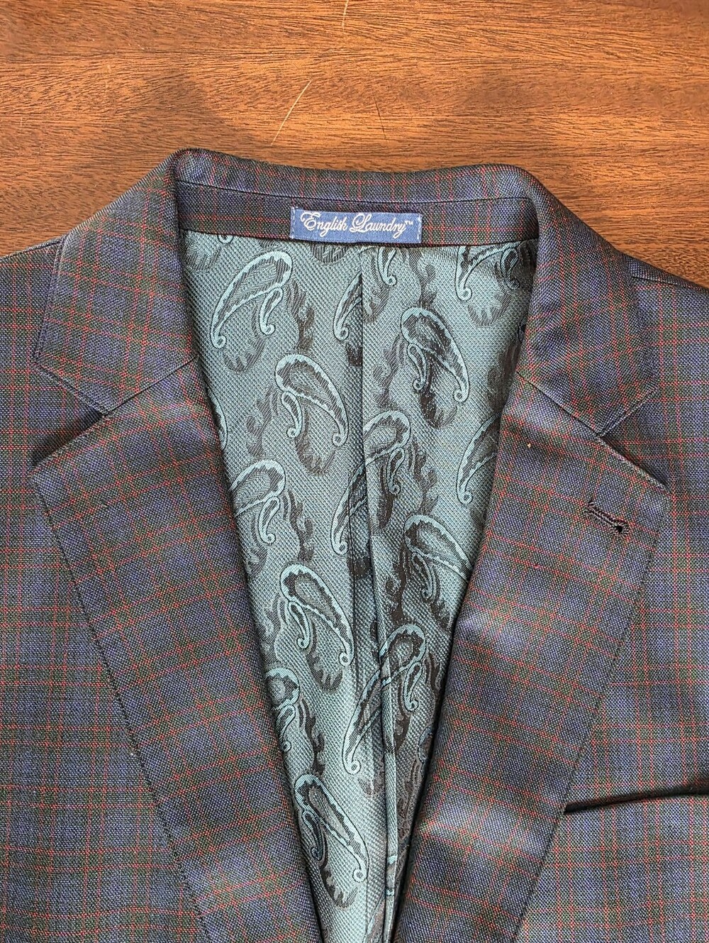 English Laundry Blue Plaid Check Sport Coat Blazer Jacket Size 44L Paisley Linin